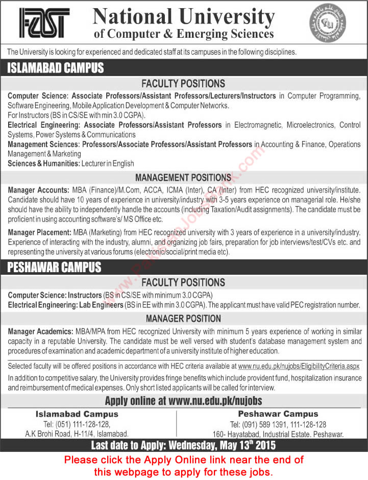 Fast National University Islamabad Peshawar Jobs 2015 May Apply